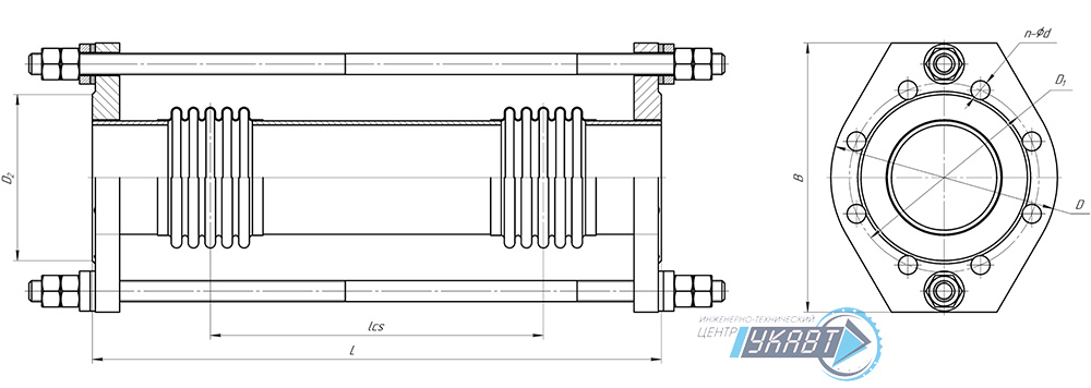 Чертежи сдвигового двухсекционного сильфонного компенсатора AK EBY (c тягами, фланцевый)