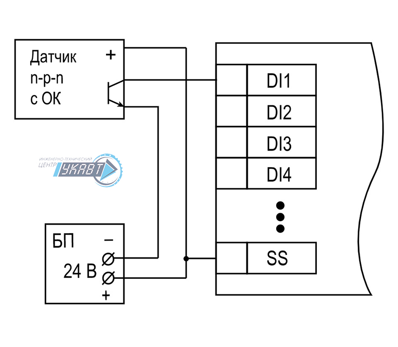 Схема подключения датчиков n-p-n типа (МВ210-202)