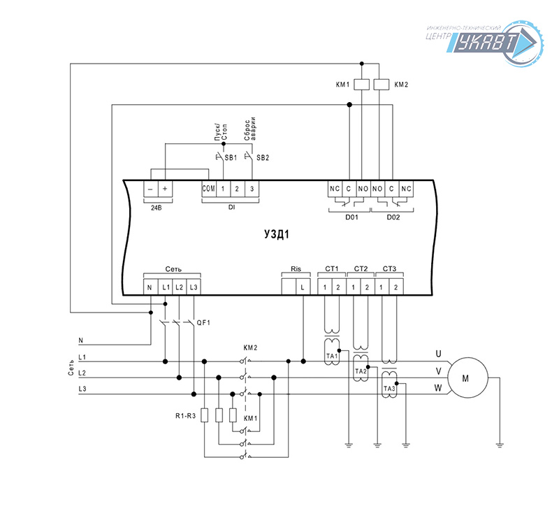 Электрическая схема реализации двухступенчатого пуска электродвигателя через добавочные резисторы в цепи обмоток статора