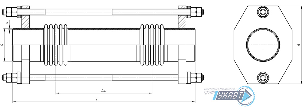 Чертежи сдвигового двухсекционного сильфонного компенсатора AK EBY (c тягами, под приварку)